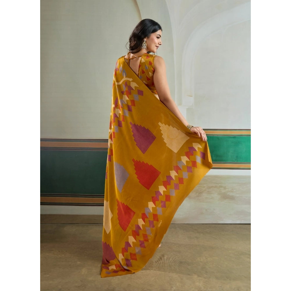Vaystra Satin Crepe Printed Saree With Unstitched Blouse 5.5Mtr – Mustard
