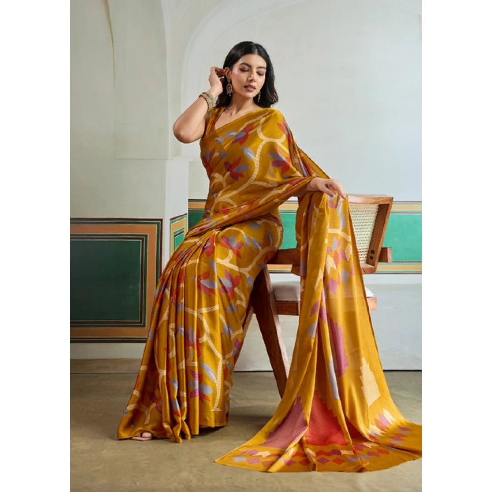 Vaystra Satin Crepe Printed Saree With Unstitched Blouse 5.5Mtr – Mustard