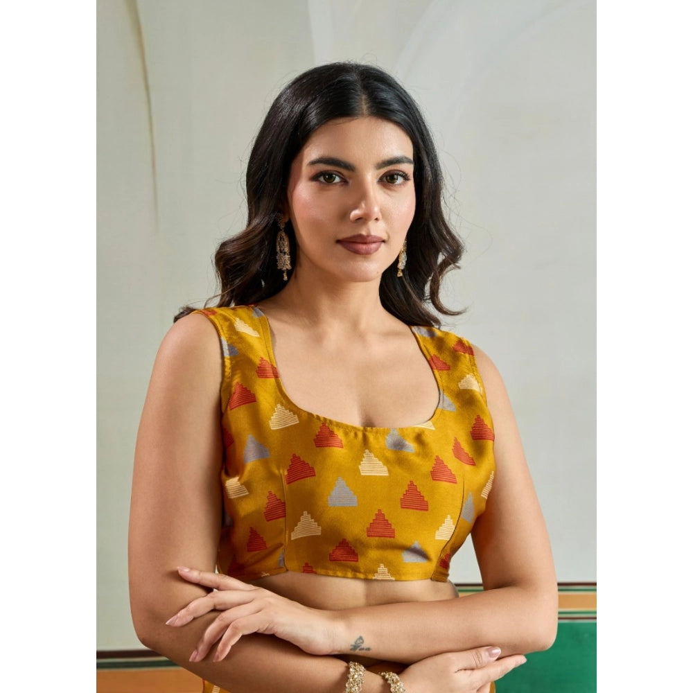Vaystra Satin Crepe Printed Saree With Unstitched Blouse 5.5Mtr – Mustard