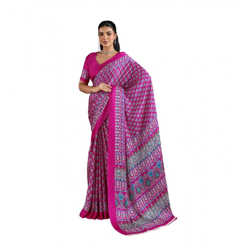 Vaystra Satin Crepe Printed Saree With Unstitched Blouse 5.5Mtr – Pink