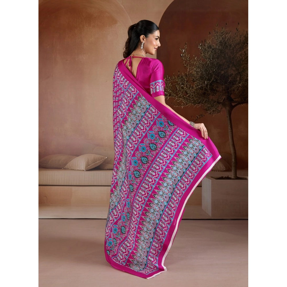 Vaystra Satin Crepe Printed Saree With Unstitched Blouse 5.5Mtr – Pink