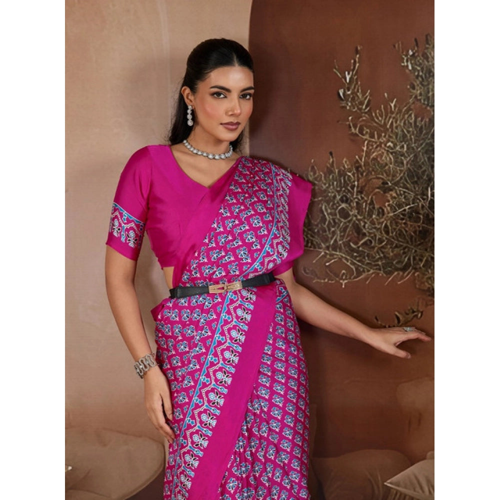 Vaystra Satin Crepe Printed Saree With Unstitched Blouse 5.5Mtr – Pink