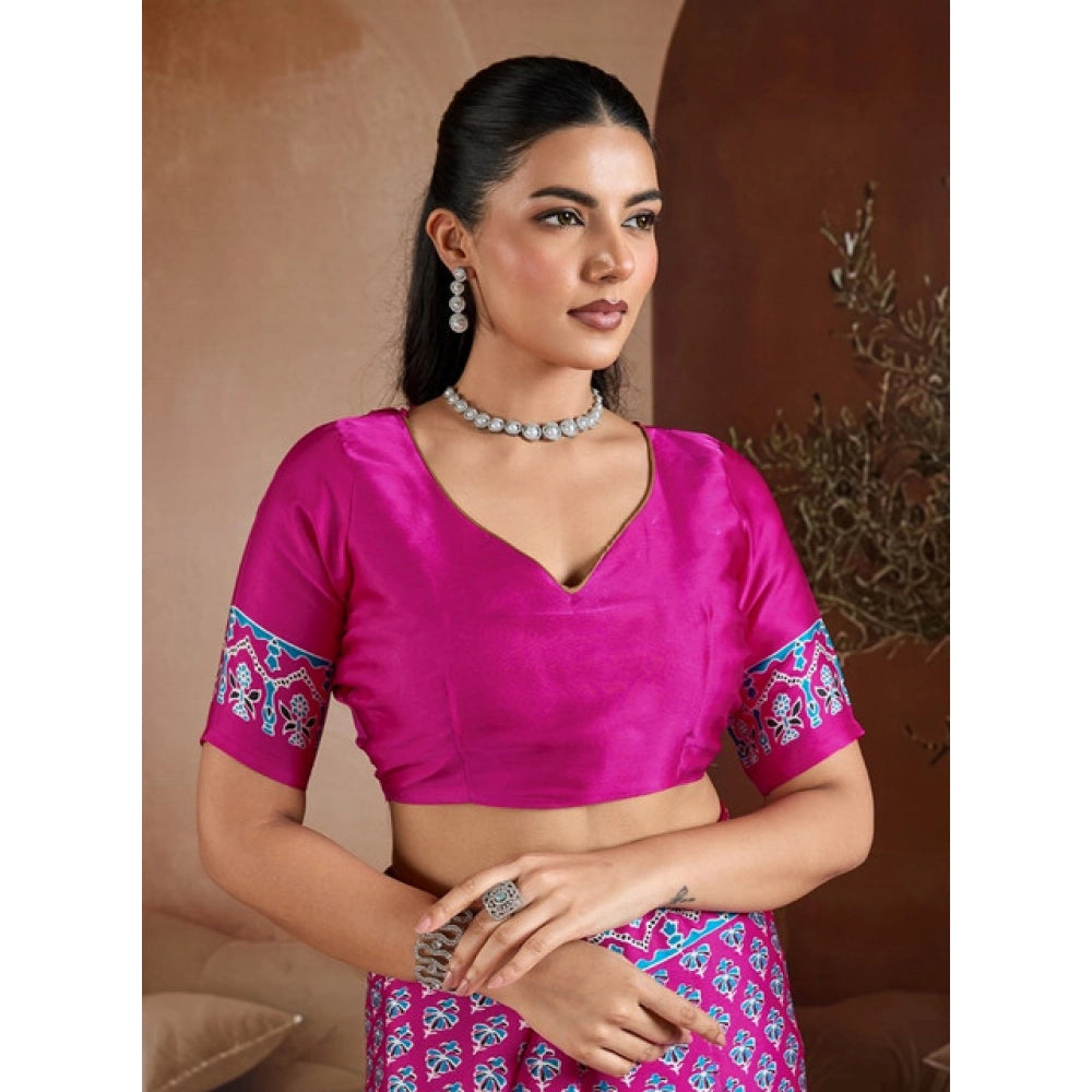 Vaystra Satin Crepe Printed Saree With Unstitched Blouse 5.5Mtr – Pink