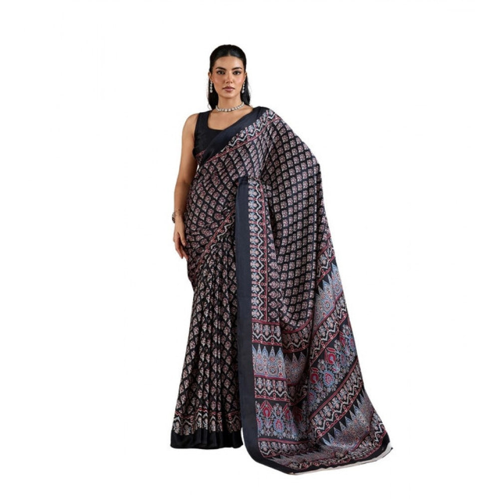 Vaystra Satin Crepe Printed Saree With Unstitched Blouse 5.5Mtr – Black