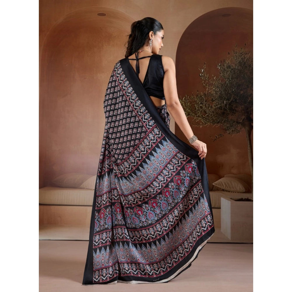 Vaystra Satin Crepe Printed Saree With Unstitched Blouse 5.5Mtr – Black