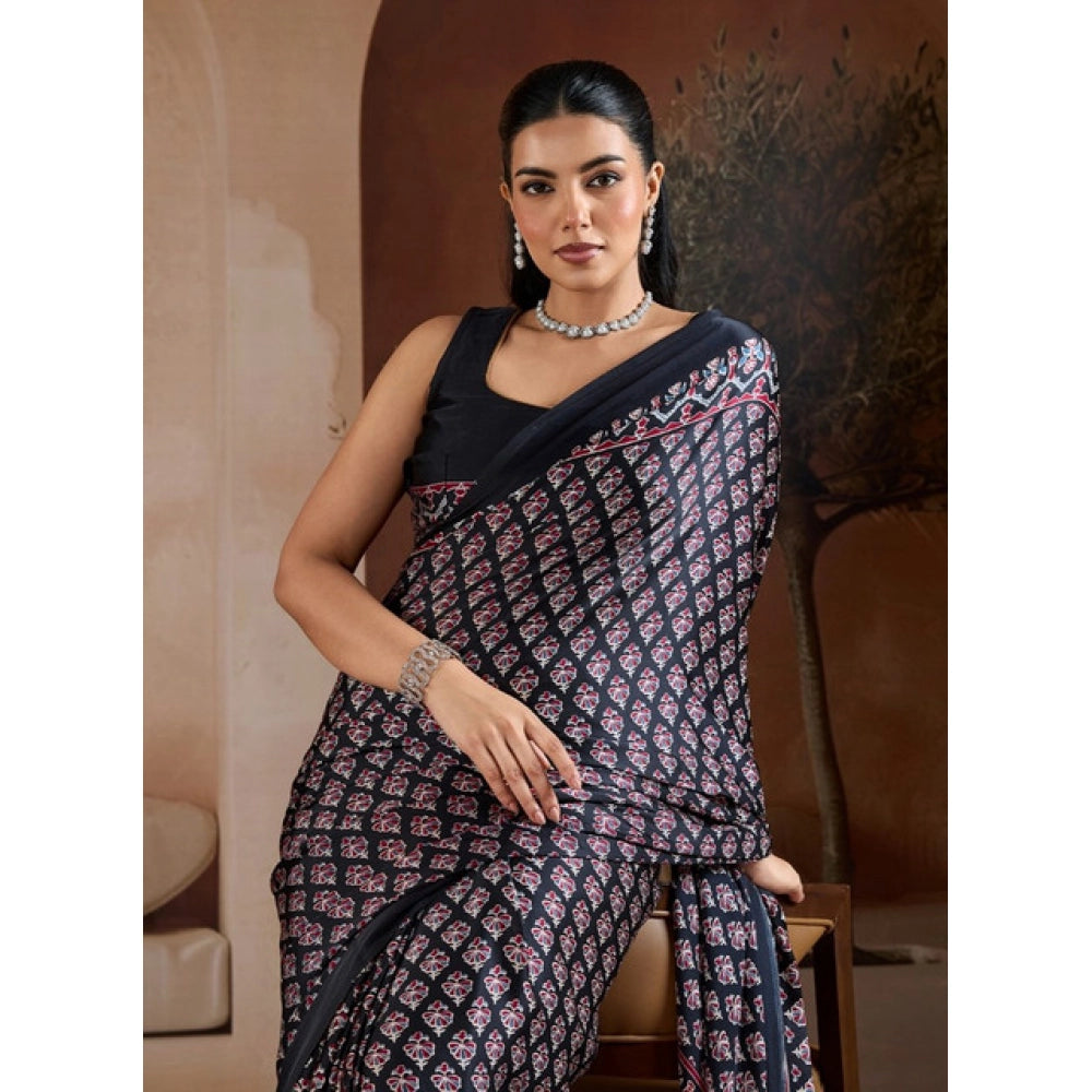 Vaystra Satin Crepe Printed Saree With Unstitched Blouse 5.5Mtr – Black