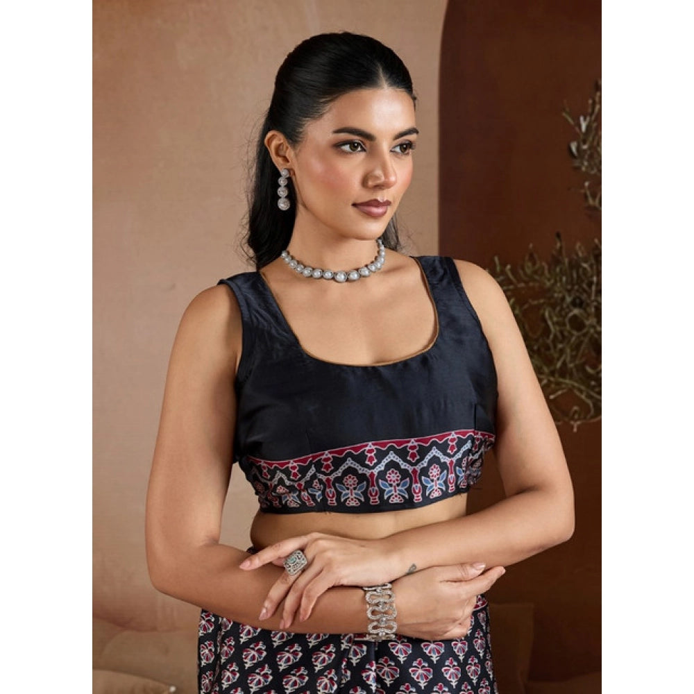 Vaystra Satin Crepe Printed Saree With Unstitched Blouse 5.5Mtr – Black