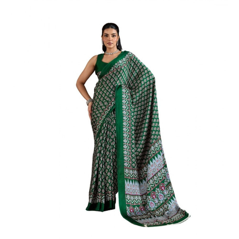 Vaystra Satin Crepe Printed Saree With Unstitched Blouse 5.5Mtr – Green