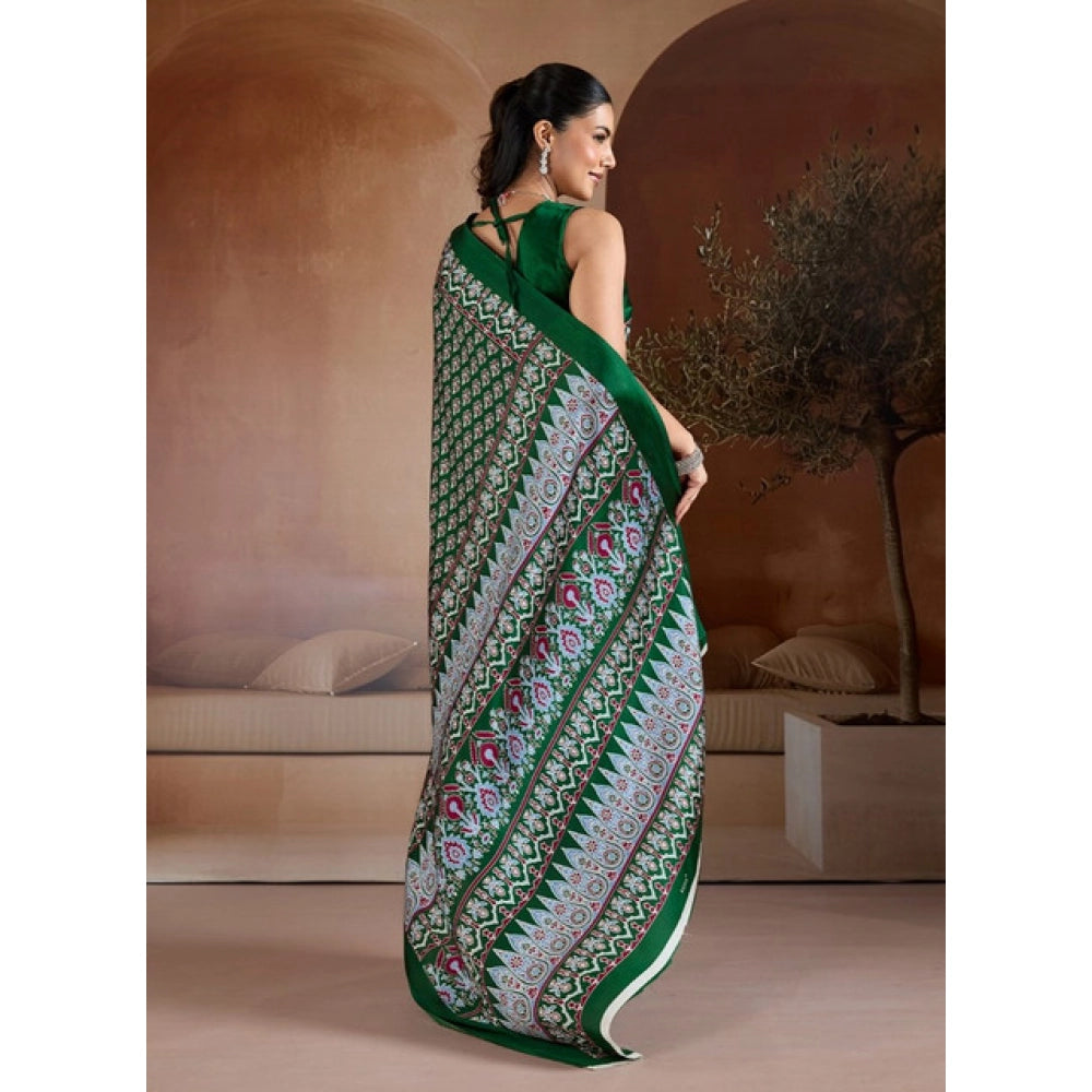 Vaystra Satin Crepe Printed Saree With Unstitched Blouse 5.5Mtr – Green