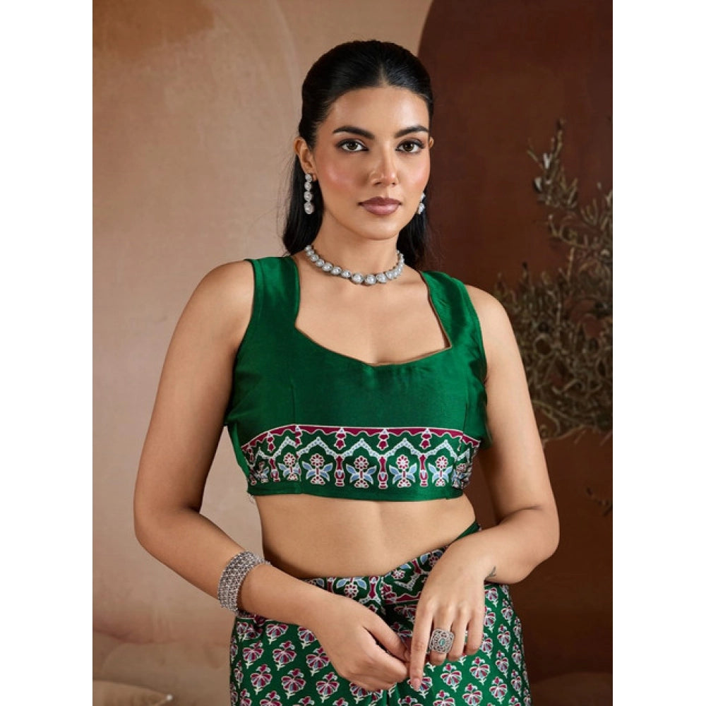 Vaystra Satin Crepe Printed Saree With Unstitched Blouse 5.5Mtr – Green