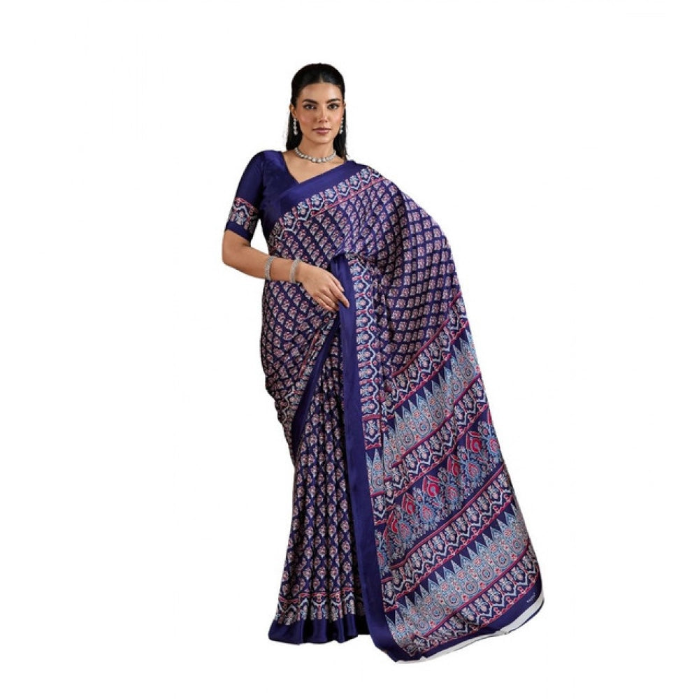 Vaystra Satin Crepe Printed Saree With Unstitched Blouse 5.5Mtr – Navy Blue