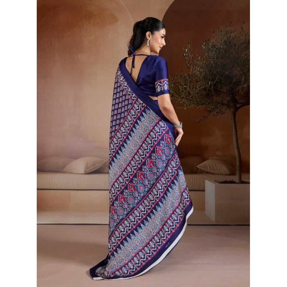 Vaystra Satin Crepe Printed Saree With Unstitched Blouse 5.5Mtr – Navy Blue