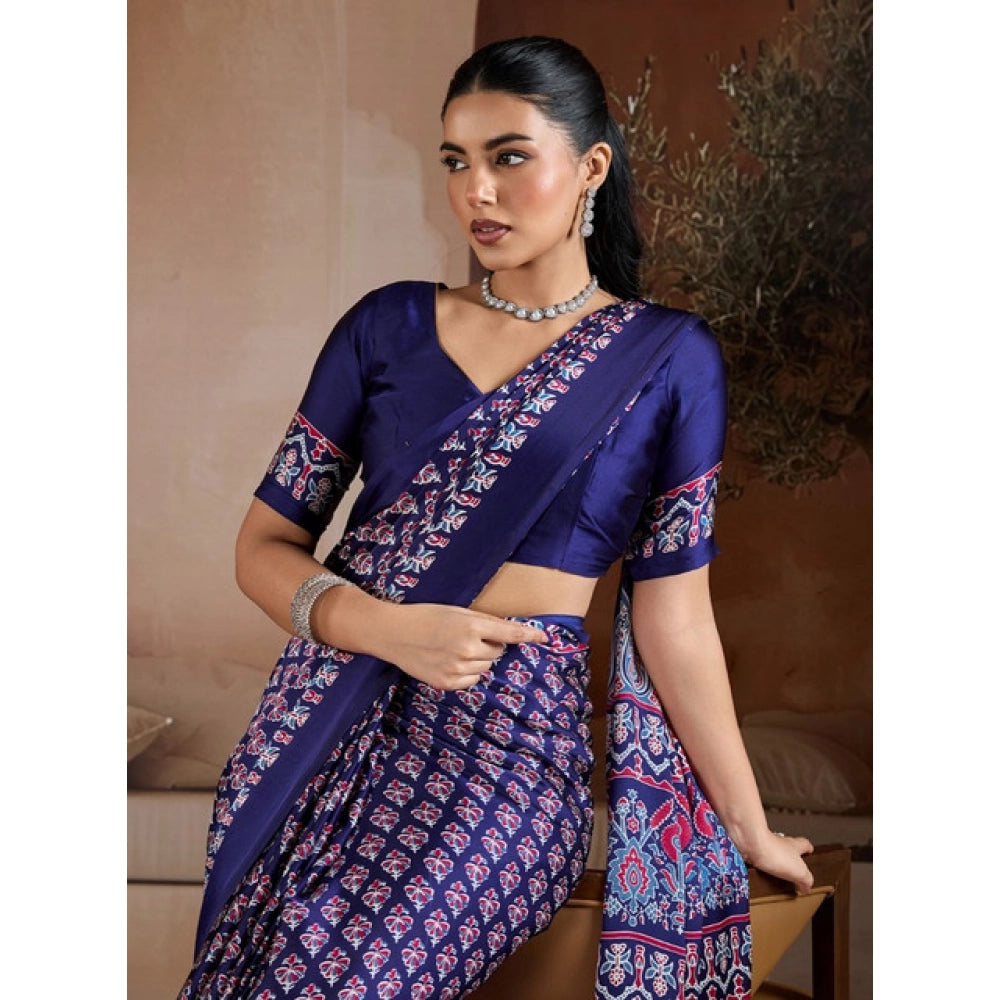 Vaystra Satin Crepe Printed Saree With Unstitched Blouse 5.5Mtr – Navy Blue