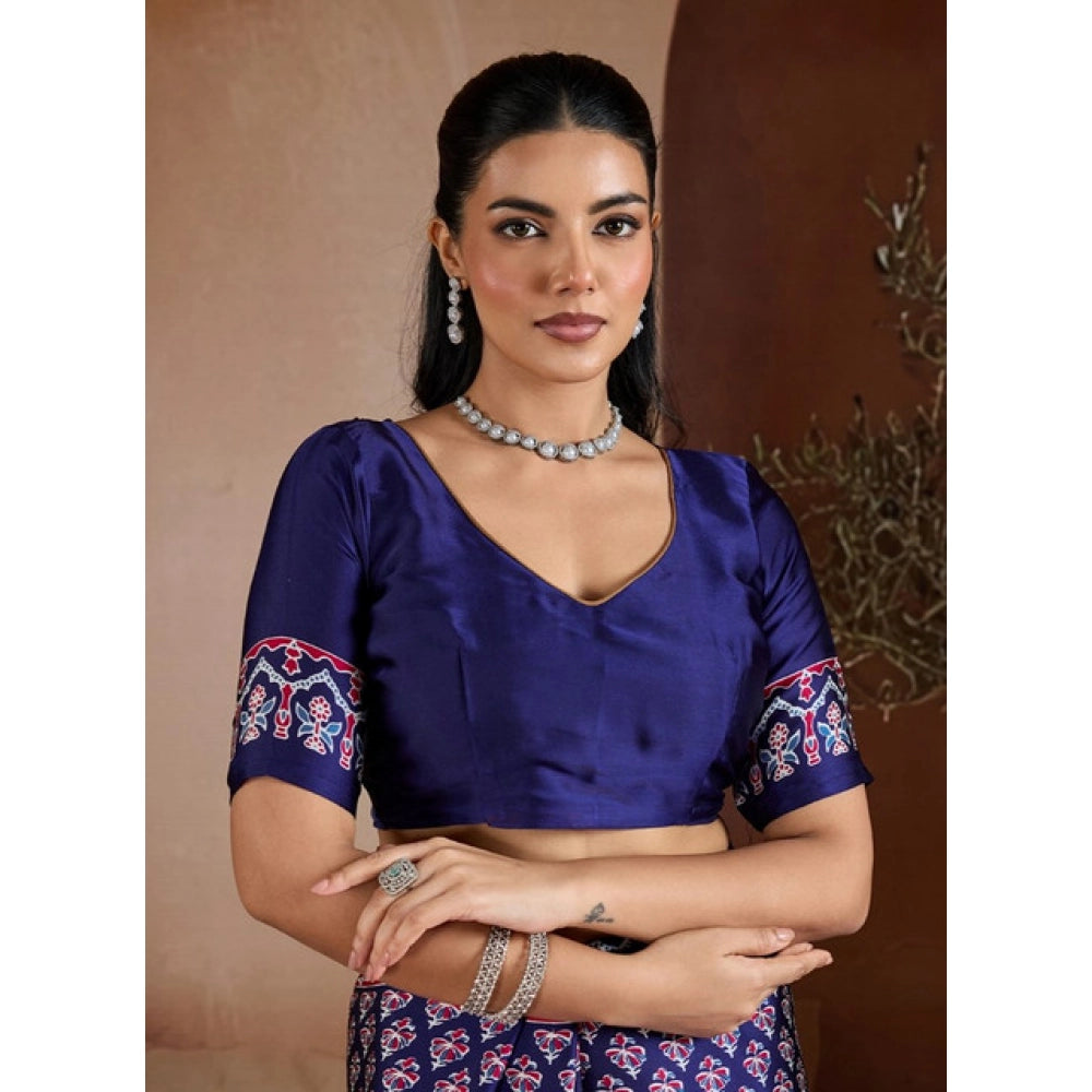 Vaystra Satin Crepe Printed Saree With Unstitched Blouse 5.5Mtr – Navy Blue