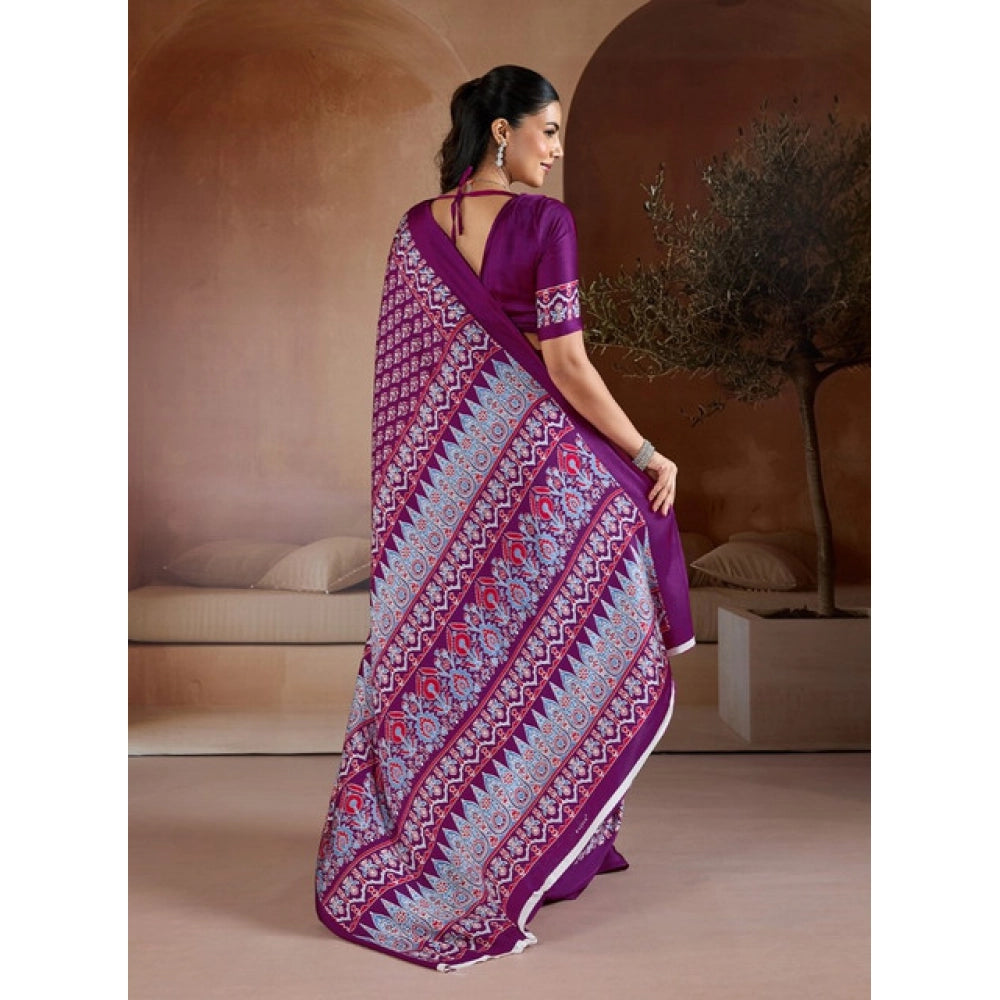 Vaystra Satin Crepe Printed Saree With Unstitched Blouse 5.5Mtr – Purple