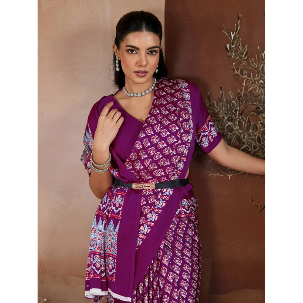 Vaystra Satin Crepe Printed Saree With Unstitched Blouse 5.5Mtr – Purple
