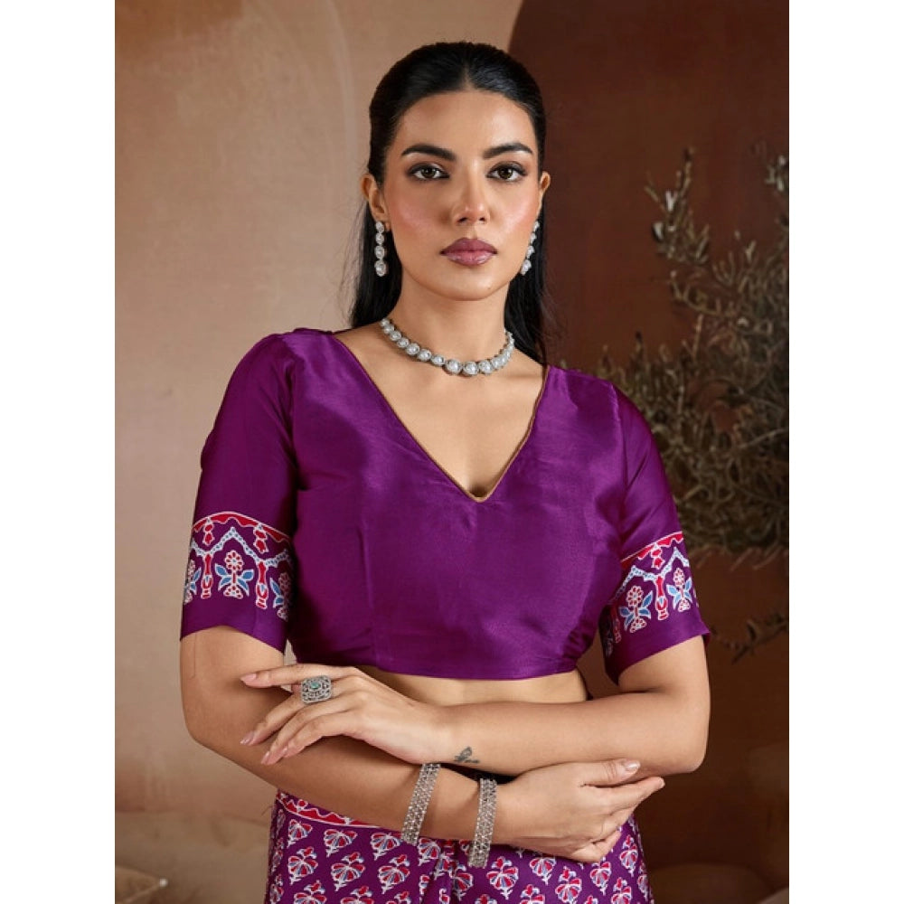 Vaystra Satin Crepe Printed Saree With Unstitched Blouse 5.5Mtr – Purple