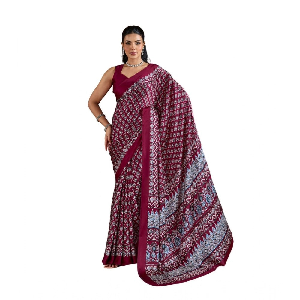 Vaystra Satin Crepe Printed Saree With Unstitched Blouse 5.5Mtr – Maroon