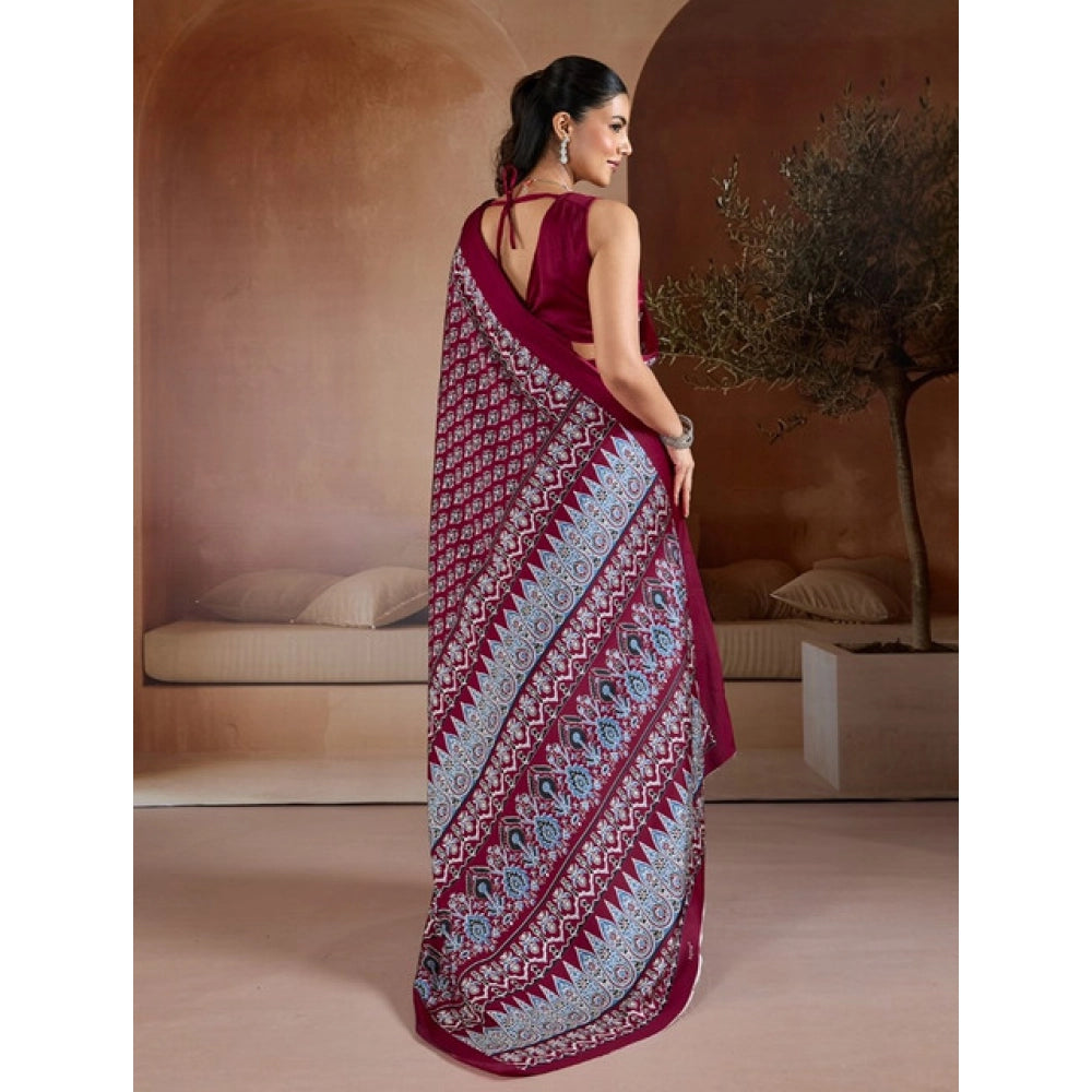 Vaystra Satin Crepe Printed Saree With Unstitched Blouse 5.5Mtr – Maroon