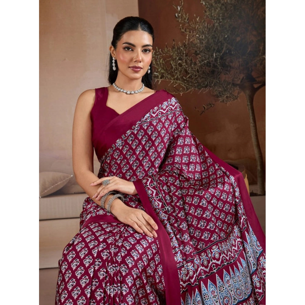 Vaystra Satin Crepe Printed Saree With Unstitched Blouse 5.5Mtr – Maroon