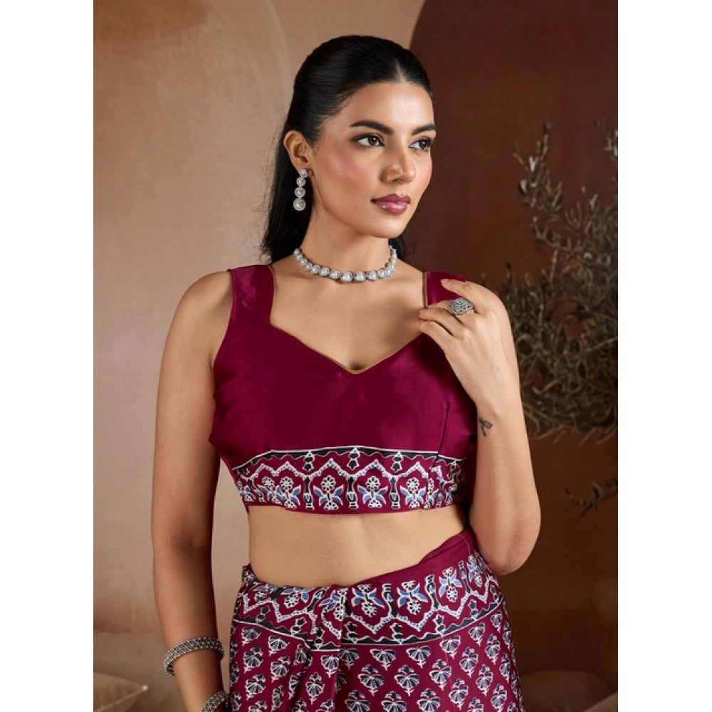 Vaystra Satin Crepe Printed Saree With Unstitched Blouse 5.5Mtr – Maroon