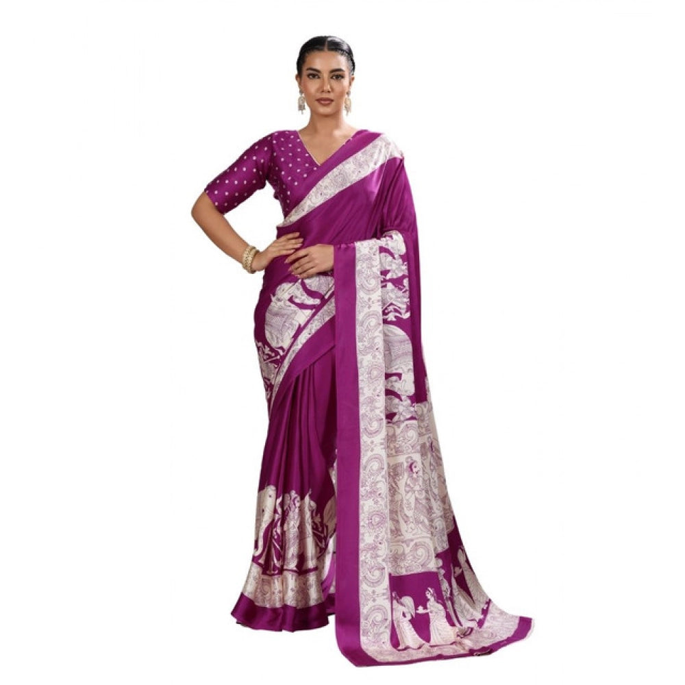 Vaystra Satin Crepe Printed Saree With Unstitched Blouse 5.5Mtr – Purple