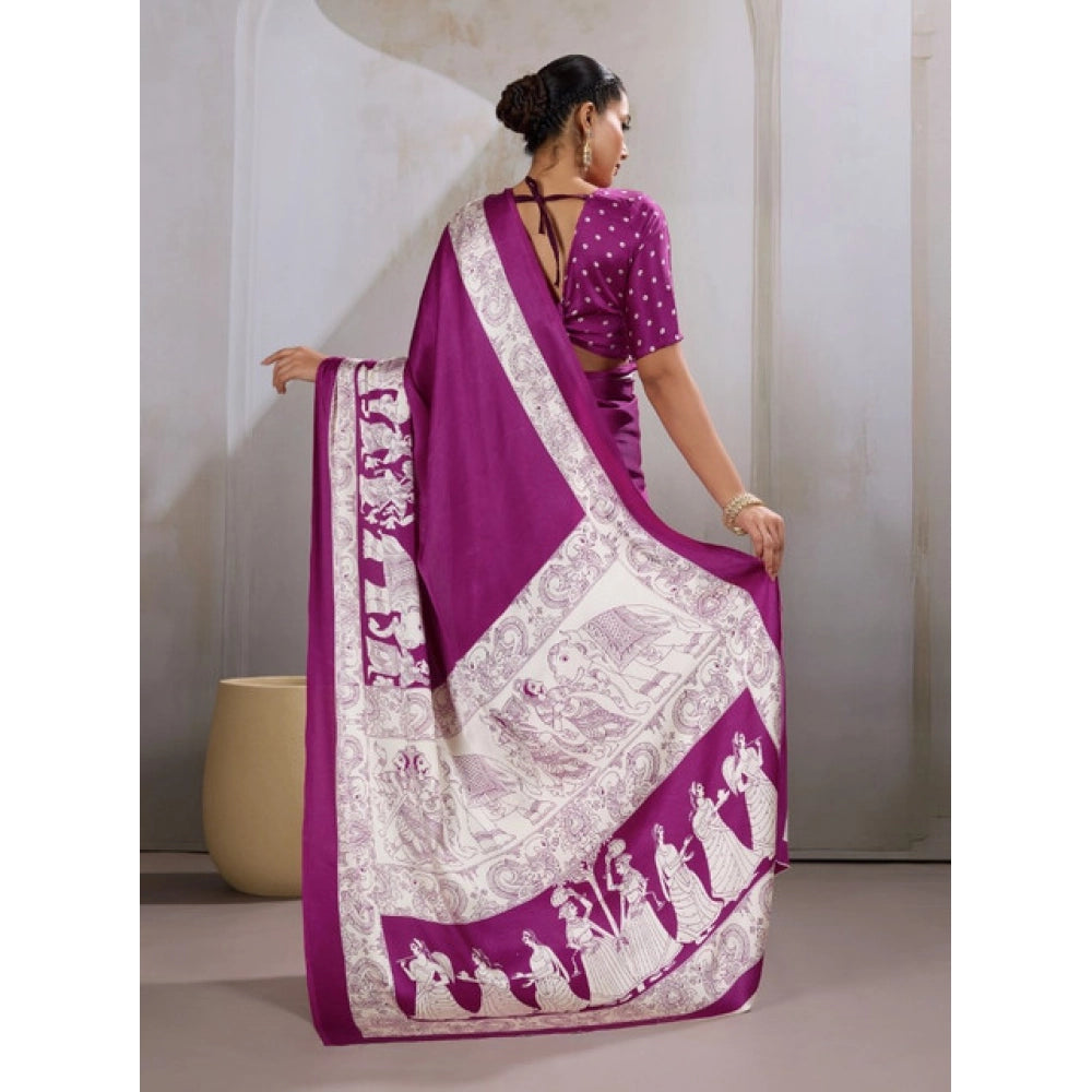 Vaystra Satin Crepe Printed Saree With Unstitched Blouse 5.5Mtr – Purple