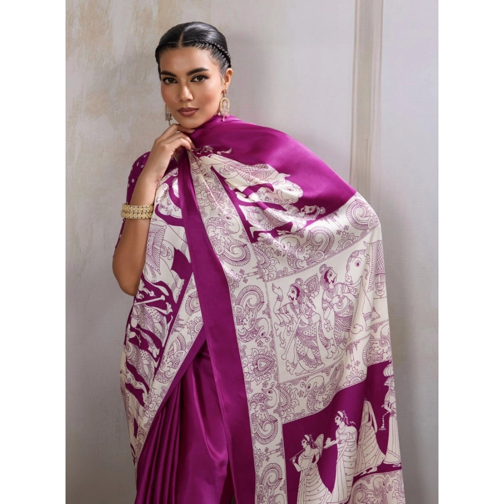 Vaystra Satin Crepe Printed Saree With Unstitched Blouse 5.5Mtr – Purple