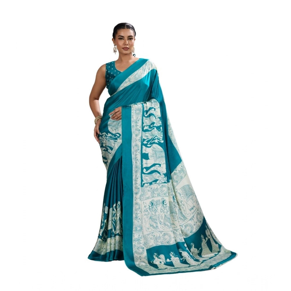 Vaystra Satin Crepe Printed Saree With Unstitched Blouse 5.5Mtr – Sky Blue