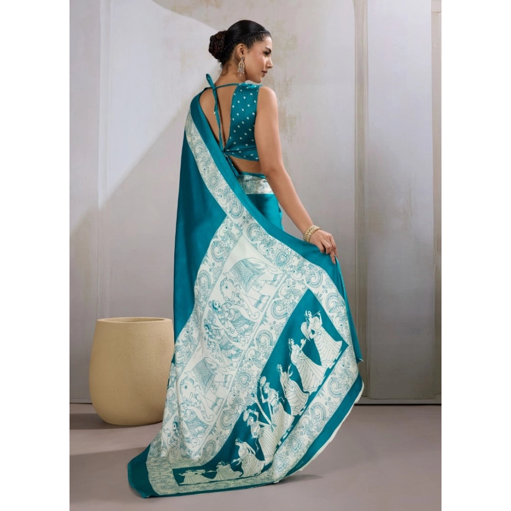 Vaystra Satin Crepe Printed Saree With Unstitched Blouse 5.5Mtr – Sky Blue