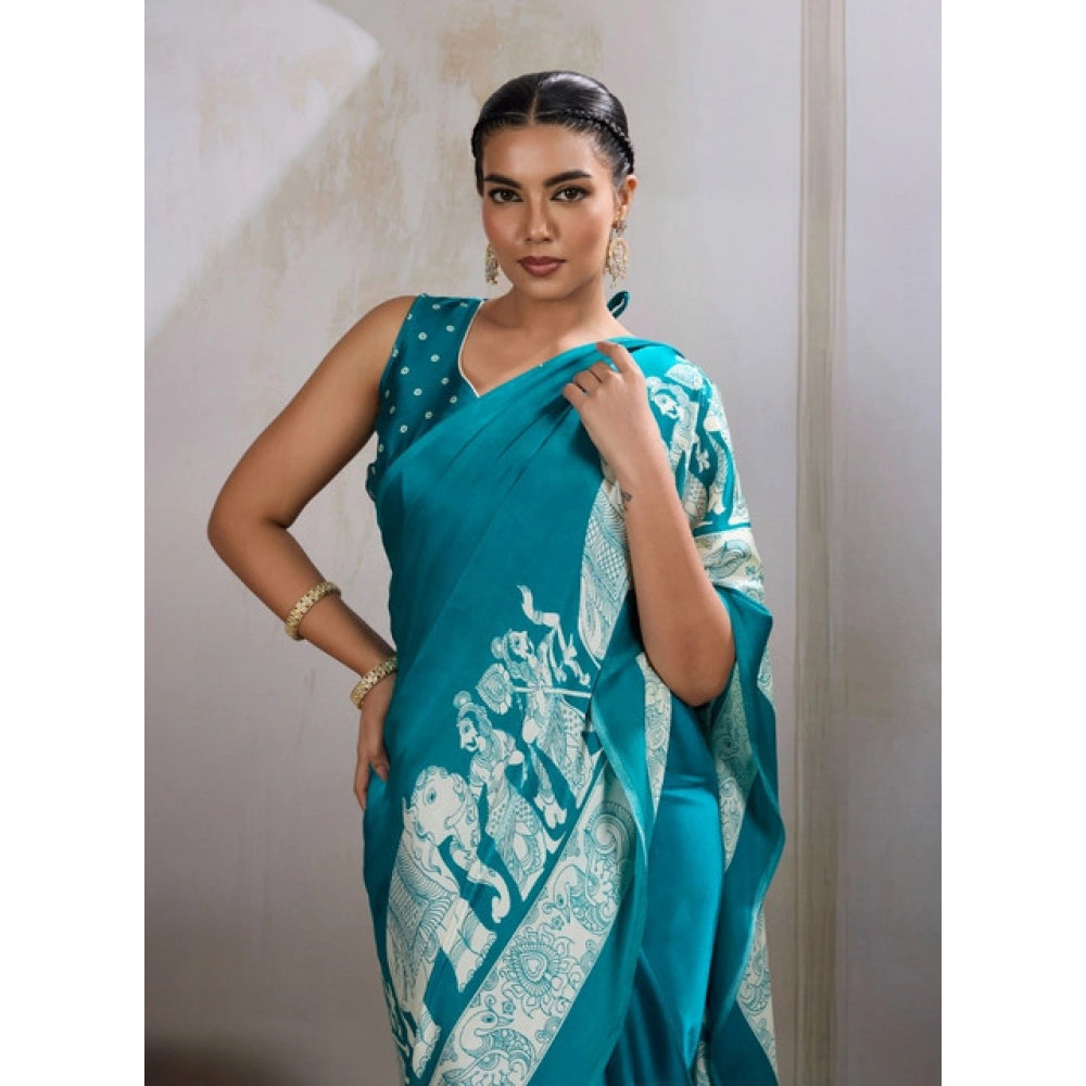 Vaystra Satin Crepe Printed Saree With Unstitched Blouse 5.5Mtr – Sky Blue