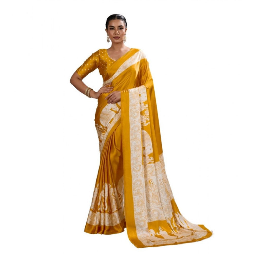 Vaystra Satin Crepe Printed Saree With Unstitched Blouse 5.5Mtr – Mustard