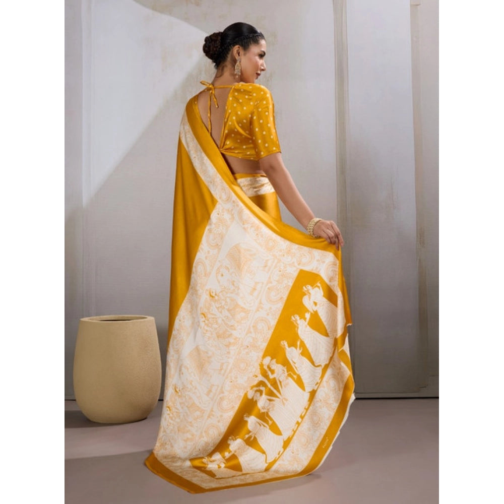 Vaystra Satin Crepe Printed Saree With Unstitched Blouse 5.5Mtr – Mustard