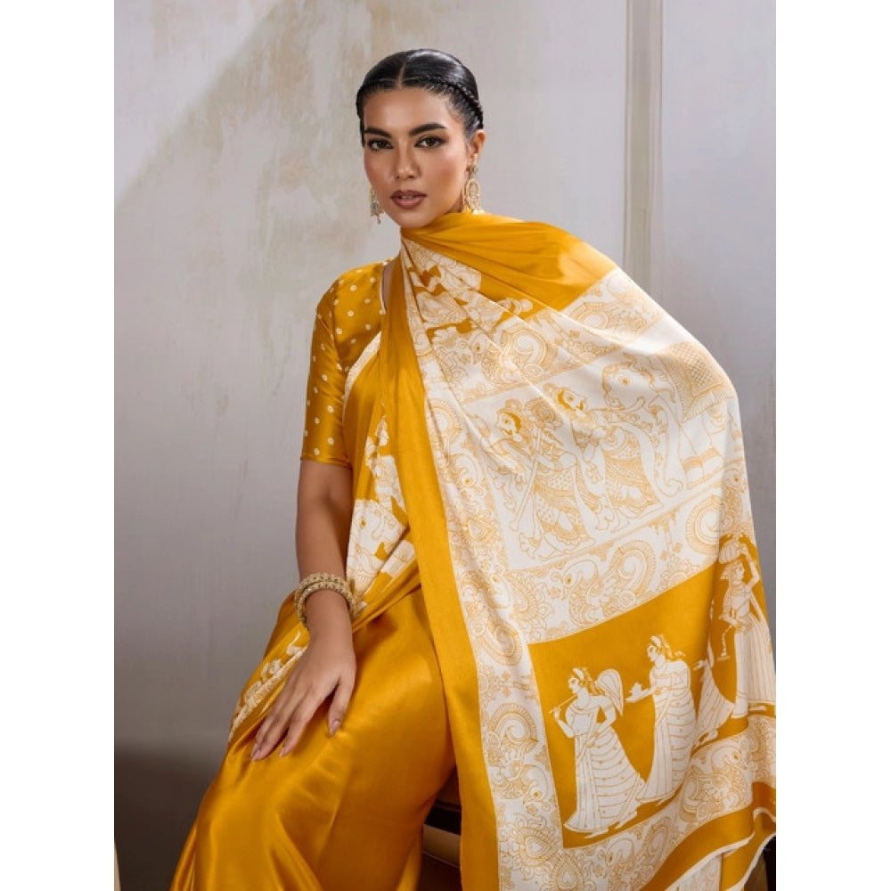 Vaystra Satin Crepe Printed Saree With Unstitched Blouse 5.5Mtr – Mustard