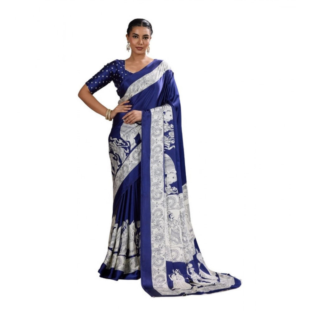 Vaystra Satin Crepe Printed Saree With Unstitched Blouse 5.5Mtr – Blue