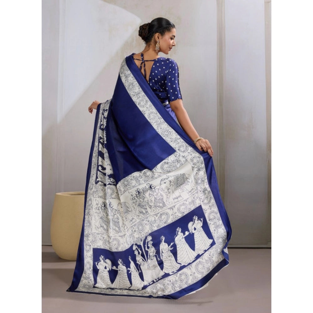 Vaystra Satin Crepe Printed Saree With Unstitched Blouse 5.5Mtr – Blue