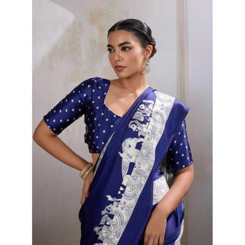 Vaystra Satin Crepe Printed Saree With Unstitched Blouse 5.5Mtr – Blue