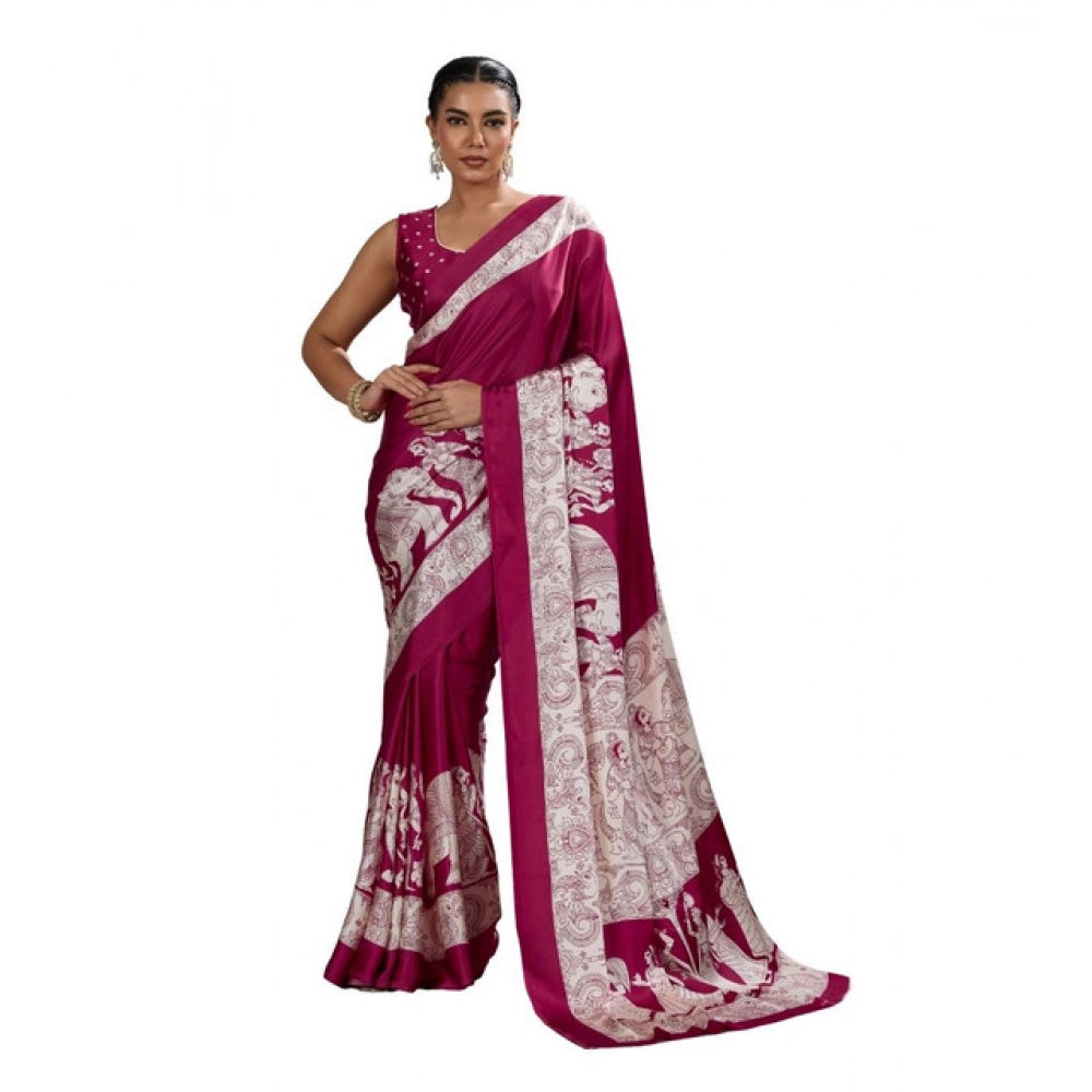 Vaystra Satin Crepe Printed Saree With Unstitched Blouse 5.5Mtr – Maroon