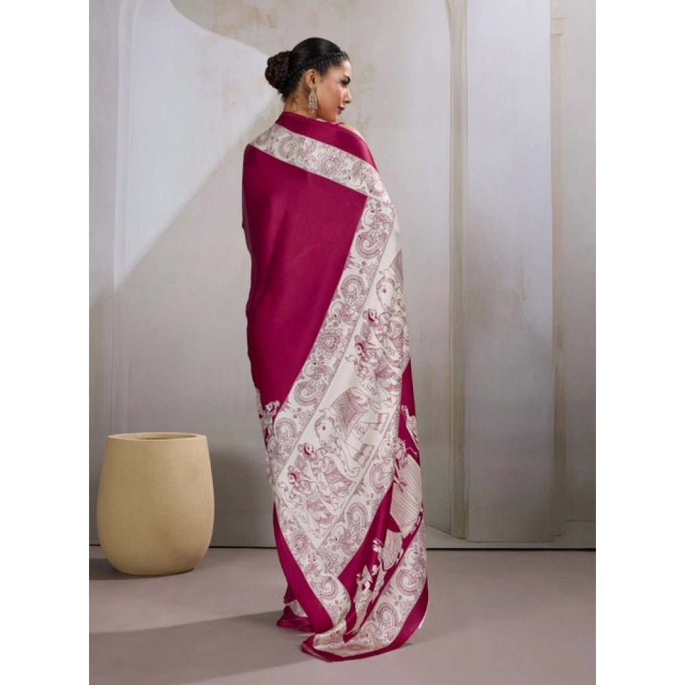 Vaystra Satin Crepe Printed Saree With Unstitched Blouse 5.5Mtr – Maroon