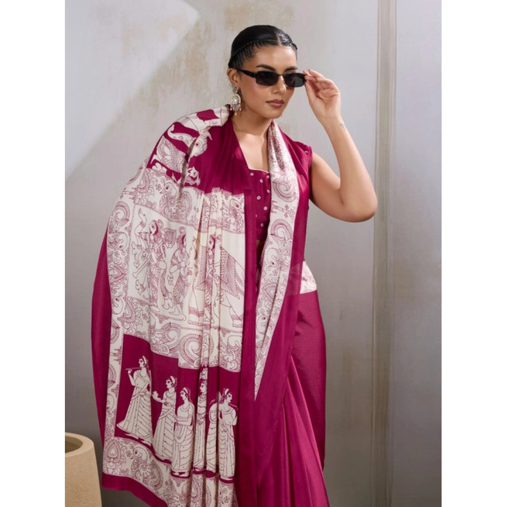 Vaystra Satin Crepe Printed Saree With Unstitched Blouse 5.5Mtr – Maroon