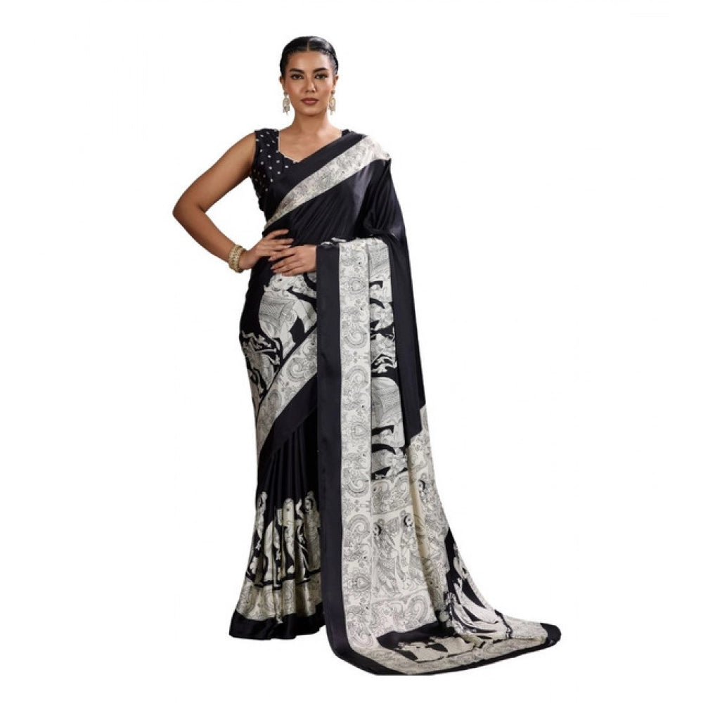 Vaystra Satin Crepe Printed Saree With Unstitched Blouse 5.5Mtr – Black