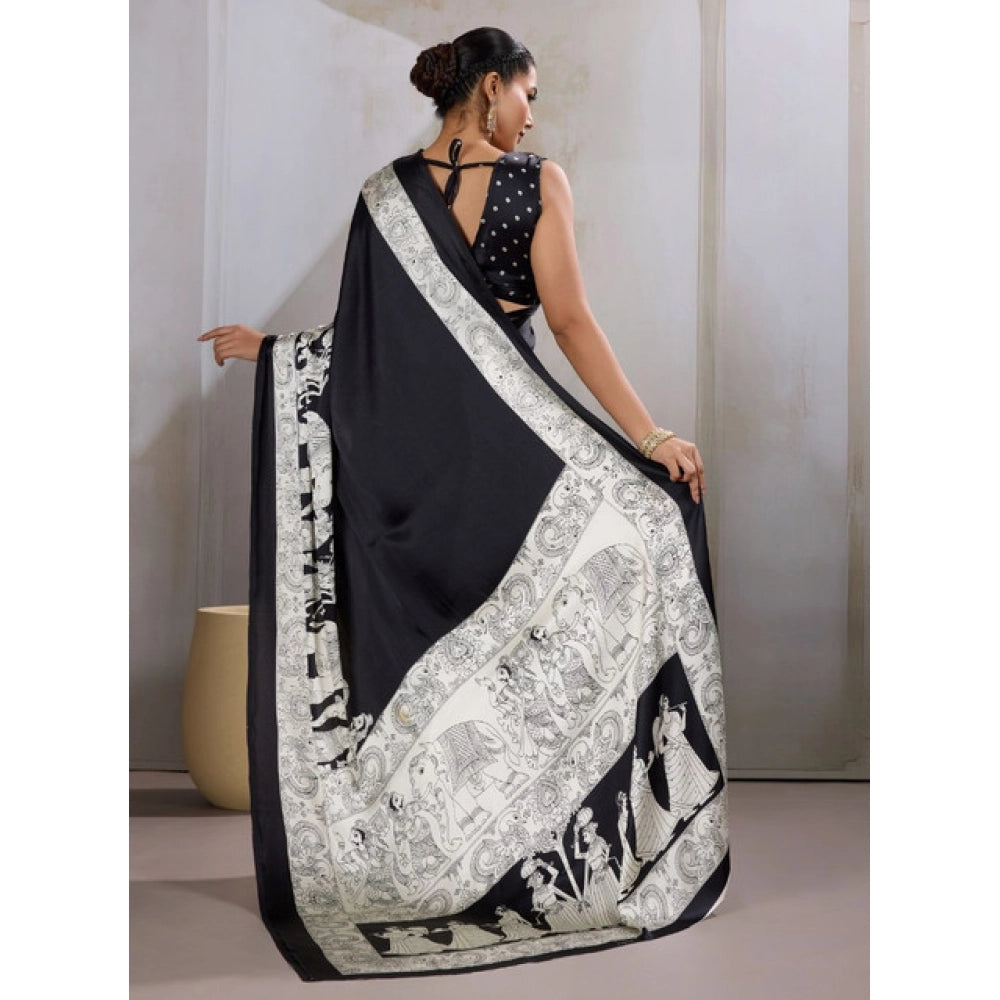Vaystra Satin Crepe Printed Saree With Unstitched Blouse 5.5Mtr – Black