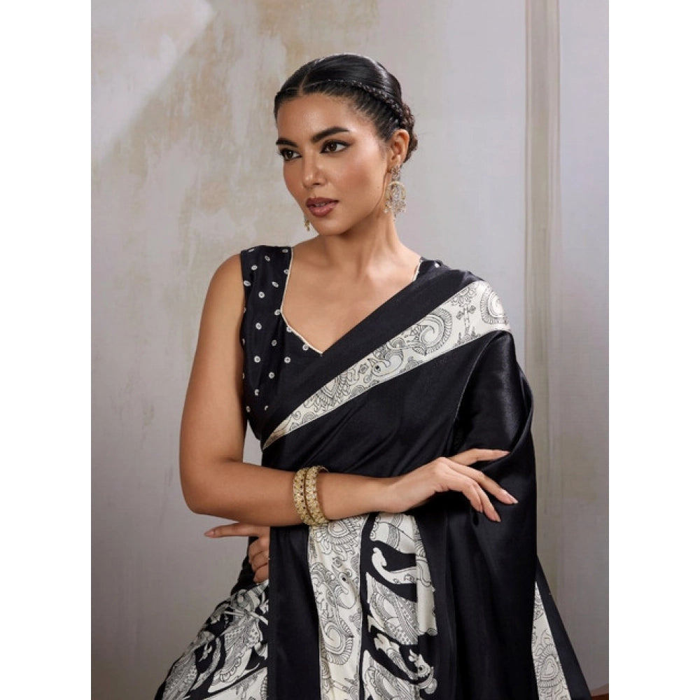 Vaystra Satin Crepe Printed Saree With Unstitched Blouse 5.5Mtr – Black