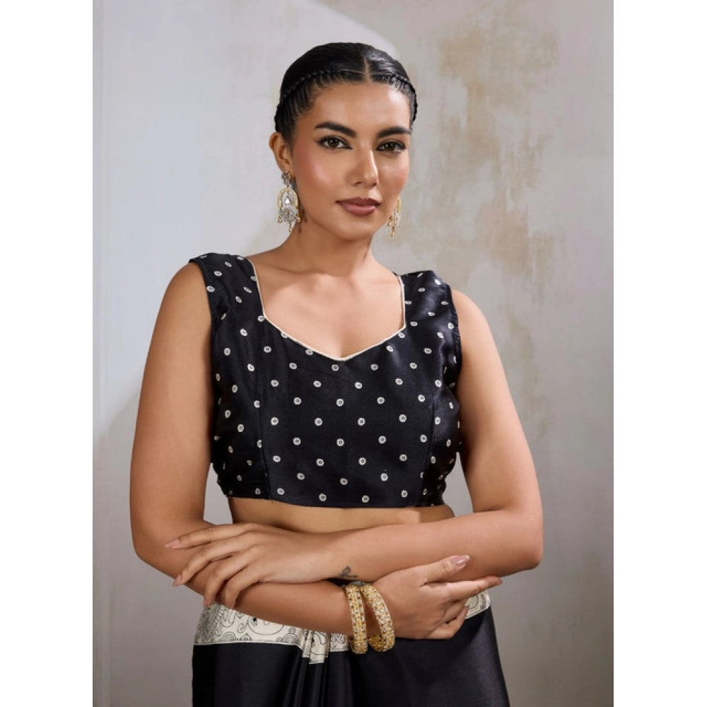 Vaystra Satin Crepe Printed Saree With Unstitched Blouse 5.5Mtr – Black