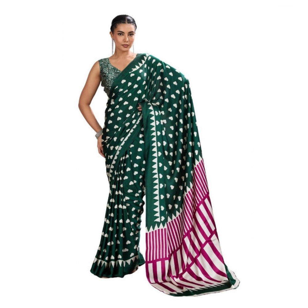 Vaystra Satin Crepe Printed Saree With Unstitched Blouse 5.5Mtr – Bottle Green