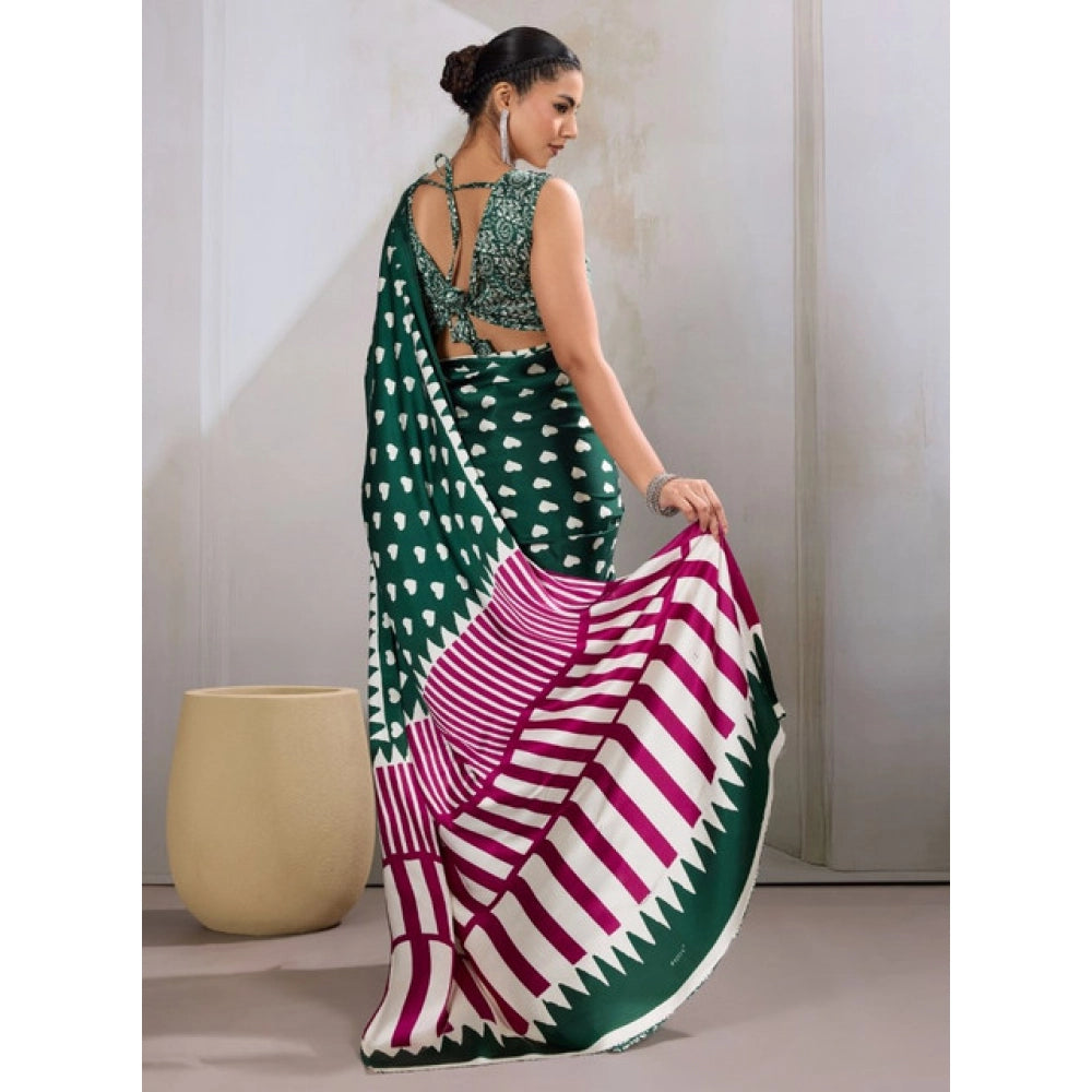 Vaystra Satin Crepe Printed Saree With Unstitched Blouse 5.5Mtr – Bottle Green