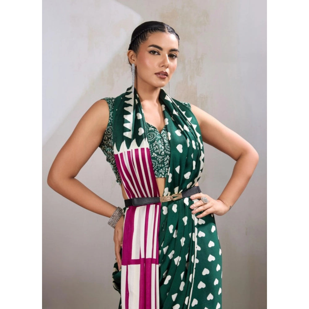 Vaystra Satin Crepe Printed Saree With Unstitched Blouse 5.5Mtr – Bottle Green