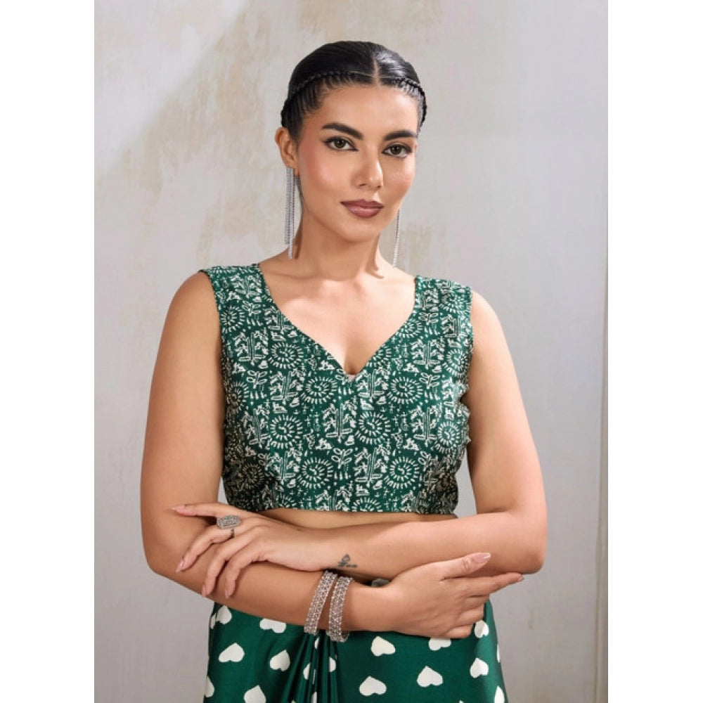 Vaystra Satin Crepe Printed Saree With Unstitched Blouse 5.5Mtr – Bottle Green