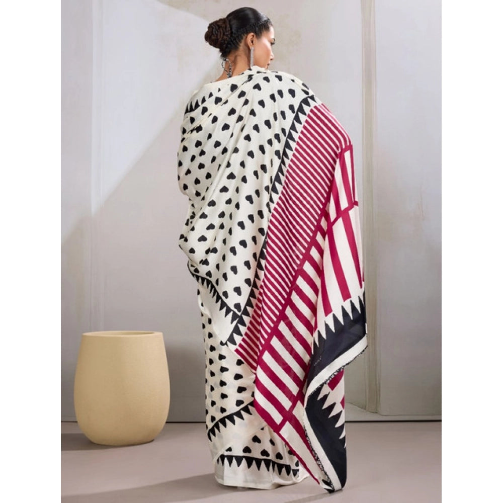 Vaystra Satin Crepe Printed Saree With Unstitched Blouse 5.5Mtr – White