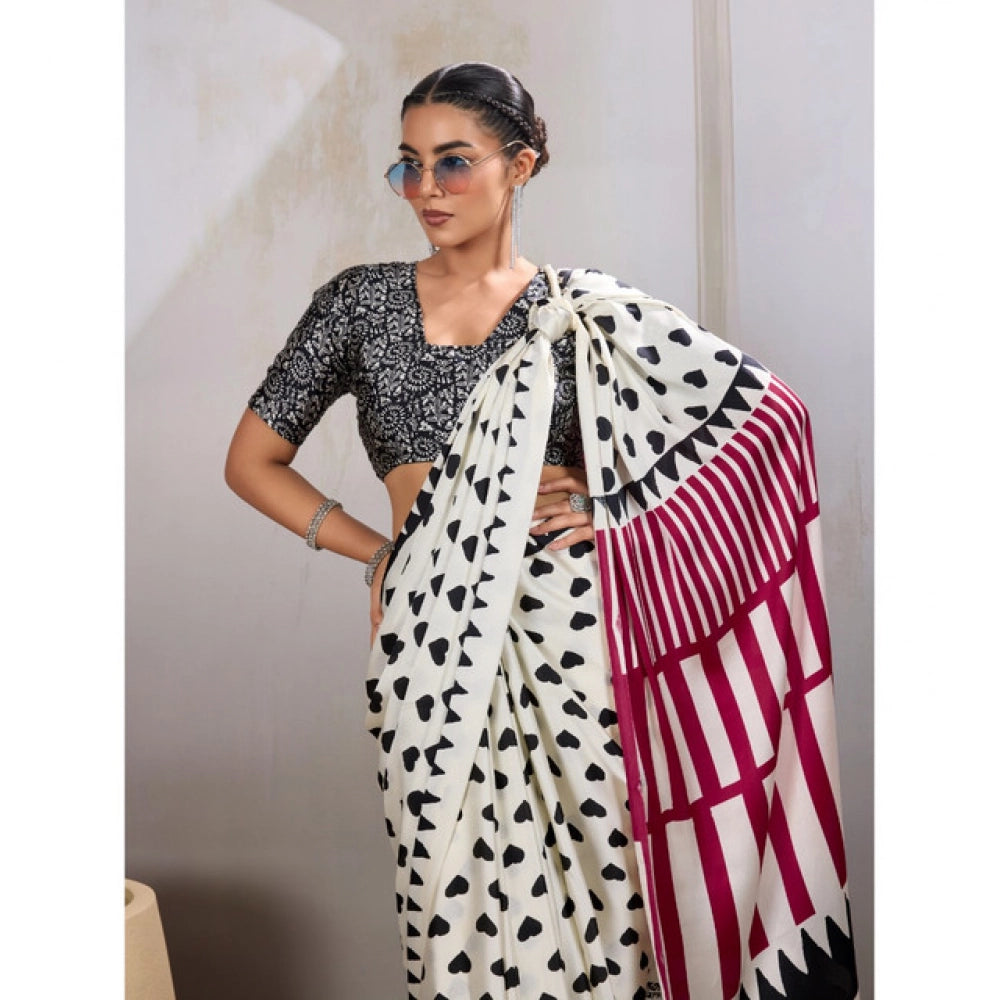 Vaystra Satin Crepe Printed Saree With Unstitched Blouse 5.5Mtr – White